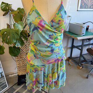 UO Alex Blue Blur Print Ruffle Wrap Mini Dress – Like New